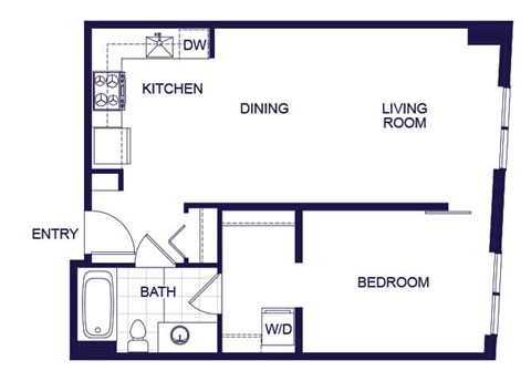 Floor plan for 1 bed, 1 bath, 595 sqft